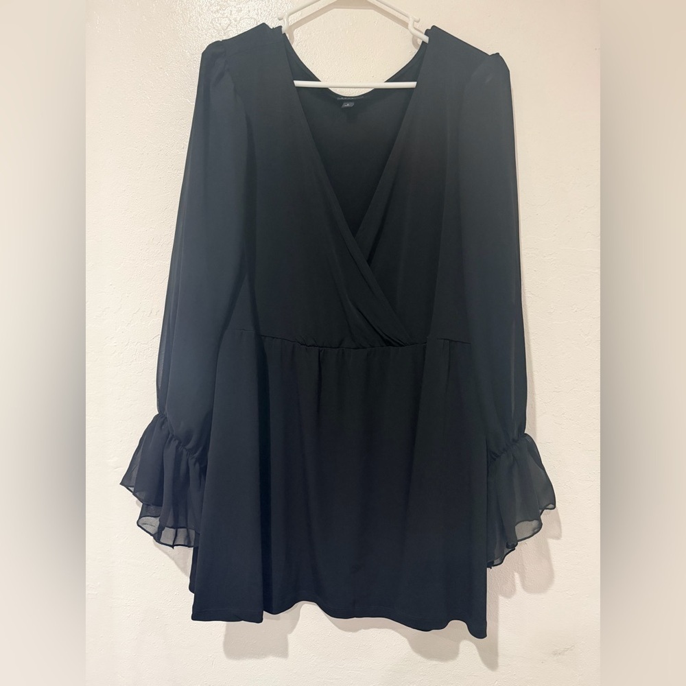 Torrid Black Blouse with V-Neck with Mesh Sheer Long Sleeves size 5